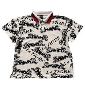 Le Tigre Polo Shirt Mens XL White Red Cotton All Over Print Dumont Snap AOP